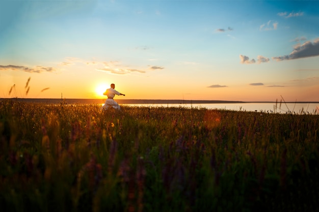 Free photo silhouette of sportive man training karate in field at sunrise.