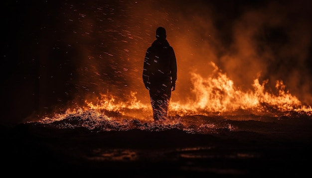 Silhouette standing in glowing inferno spraying flames generated by AI