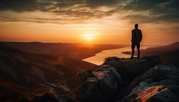 Silhouette standing on mountain peak at sunrise generated by AI