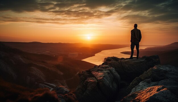 Silhouette standing on mountain peak at sunrise generated by AI