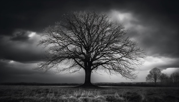 Foto gratuita siluetta dell'albero contro il cielo lunatico generato dall'intelligenza artificiale