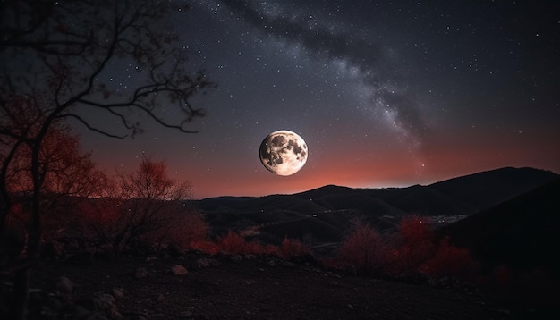 Free photo silhouette of tree against star trail in spooky night sky generated by ai