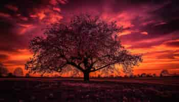 Free photo silhouette of tree back lit by sunset generated by ai