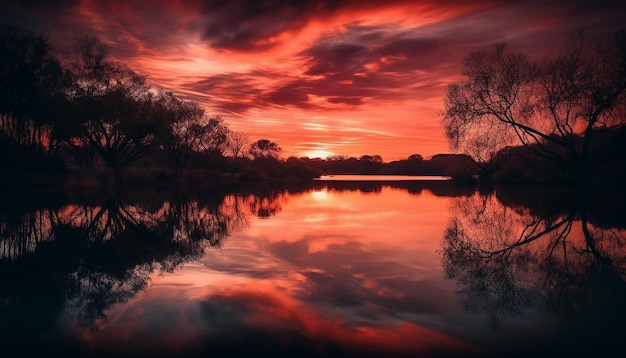 Free photo silhouette of tree back lit by vibrant sunset over water generated by ai