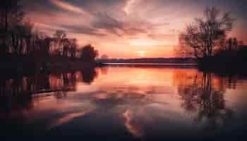 Foto gratuita siluetta dell'albero retroilluminata dal vibrante tramonto generato dall'intelligenza artificiale