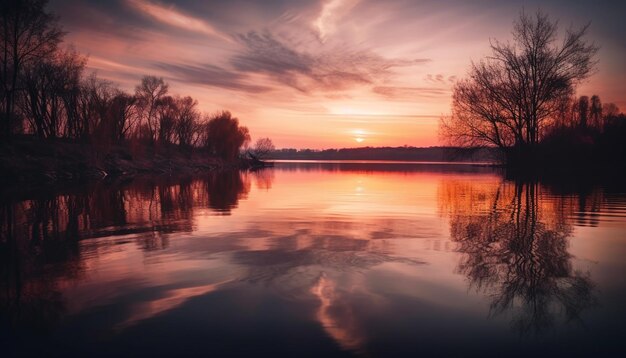 Silhouette of tree backlit by vibrant sunset generated by AI