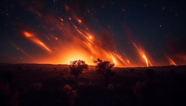 Free photo silhouette of trees back lit by bonfire under milky way generated by ai