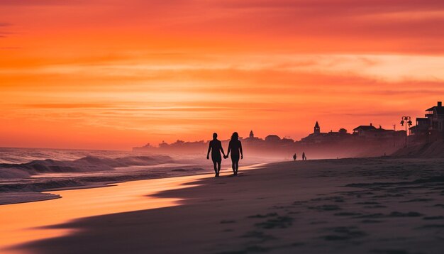 Silhouette of two people walking on beach generated by AI