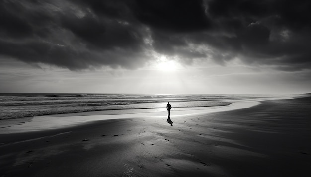 Foto gratuita silhouette che cammina sulla spiaggia serena al tramonto generata dall'intelligenza artificiale