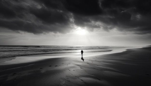 Free photo silhouette walking on serene beach at dusk generated by ai