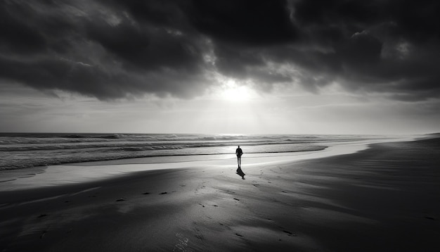 Silhouette che cammina sulla spiaggia serena al tramonto generata dall'intelligenza artificiale