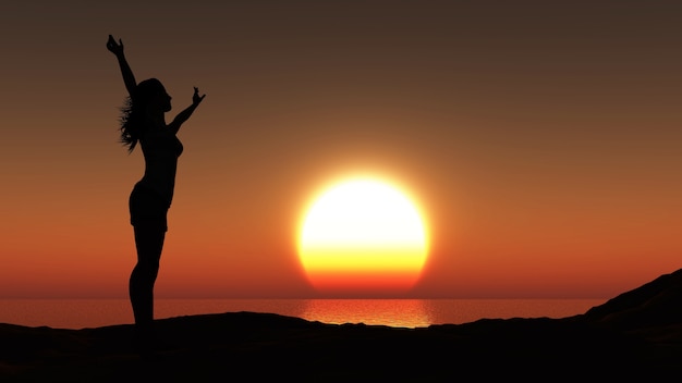 Il rendering 3d di una silhouette di una donna contro un tramonto sull'oceano