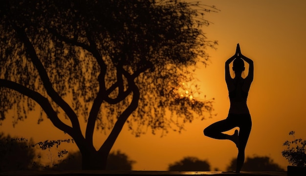 Бесплатное фото Силуэт женщины, практикующей йогу, позируют для медитации летом в отпуске, счастливая расслабленная девушка, спокойная