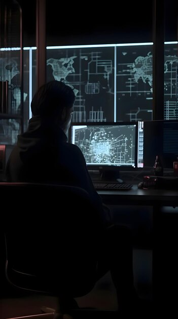 Silhouette of a woman working on a computer at night in the dark