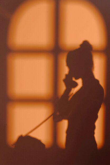 窓の影と自宅で若い女性のシルエット