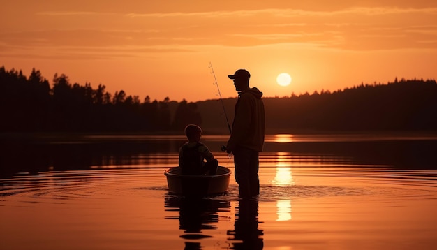 Silhouettes bond over nautical pursuit at sunrise generated by AI