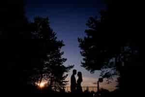 Foto gratuita sagome di una coppia in piedi nelle luci della sera