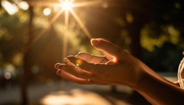 Silhouettes holding hands enjoying sunset together happily generated by AI