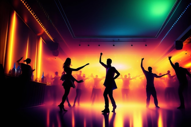 Silhouettes of people dancing in a club with neon lights