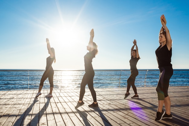 日の出の海の近くのズンバを踊る陽気な女性のシルエット