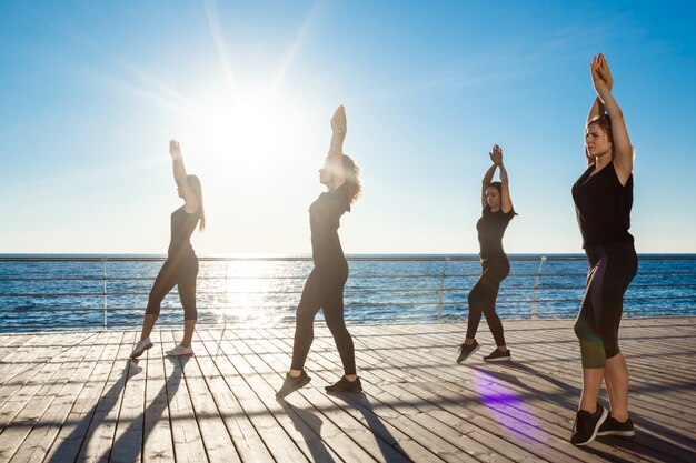 Silhouettes of sportive women dancing zumba near sea at sunrise