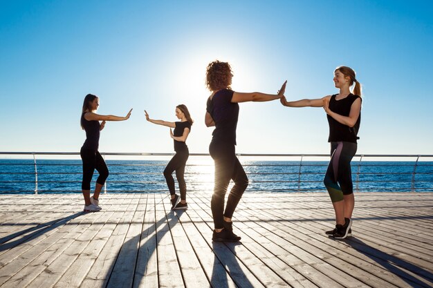 Silhouettes of sportive women dancing zumba near sea at sunrise