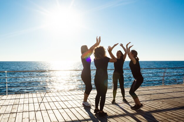 日の出で海の近くにhighfiveを与える陽気な女性のシルエット