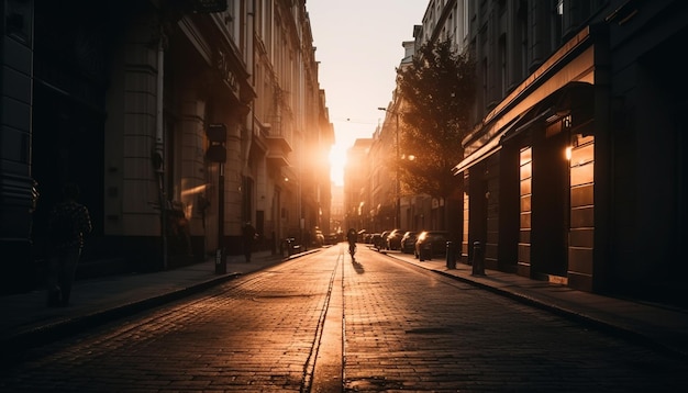 AIが生成した夕暮れの旧市街を歩くシルエット