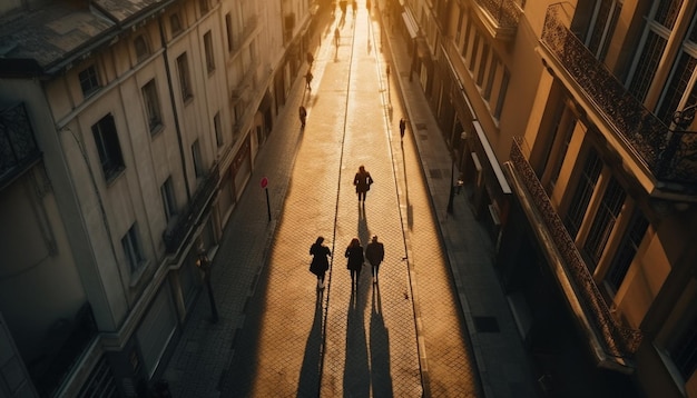 Silhouettes walking through city streets at dusk generated by AI