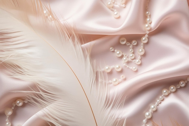 Foto gratuita materiale di seta con piume e perle sfondo di colore rosa texture morbida