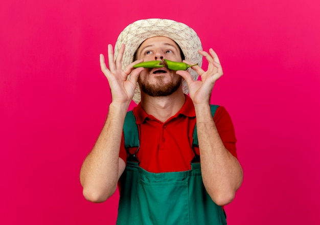 Silly young handsome slavic gardener in uniform and hat holding pepper halves above mouth looking up making fake mustache 