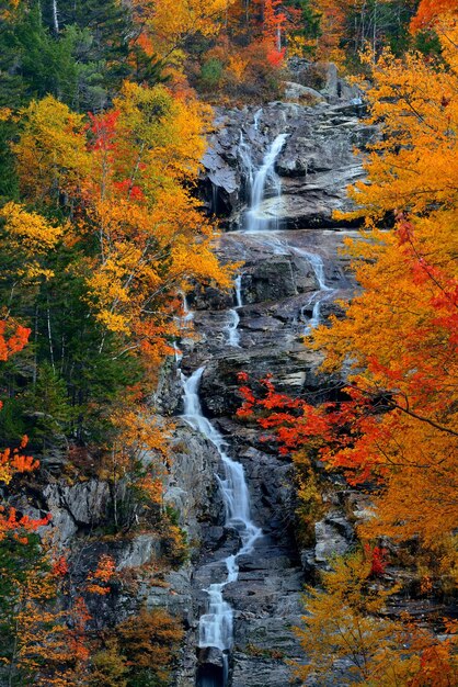 Silver Cascade Falls With Autumn Foliage In New England Area.