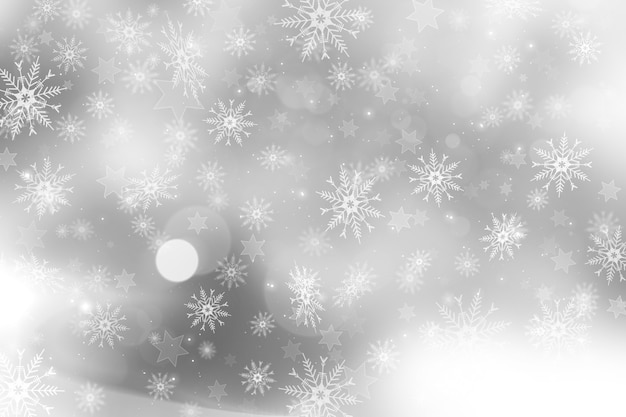 Серебряный новогодний фон со снежинками и звездами.