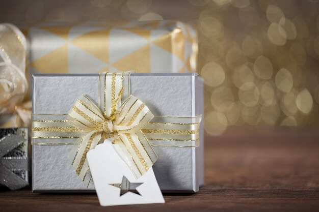 Silver gifts with a blurred background