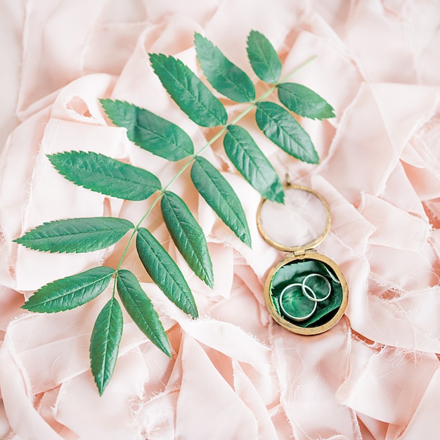 Free photo silver wedding rings lie on the pink cloth among green leaves