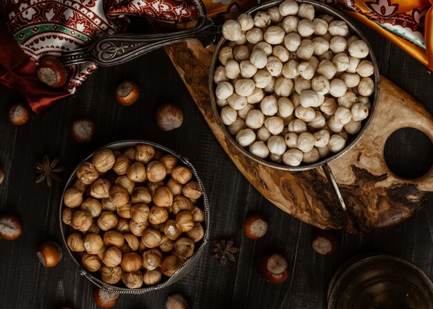 simple and fried hazelnuts on the table top view