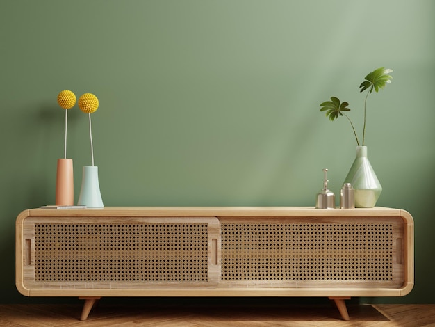 Simple minimal cabinet for tv interior green wall mockup3d rendering