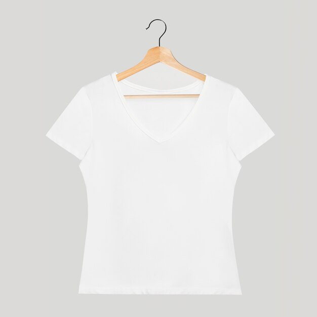 Simple white v neck t-shirt mockup on a wooden hanger