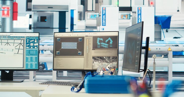 Free Photo simulation software on computer monitor in empty solar panels plant