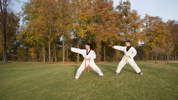 Free photo simultaneous training af master and a boy in white kimono korean couch lady teaching taekwondo little child in the autumn forest