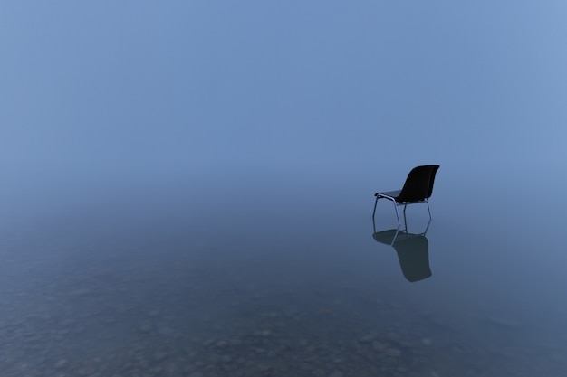 무료 사진 폭풍우 치는 날에 물 표면에 반영하는 단일 의자