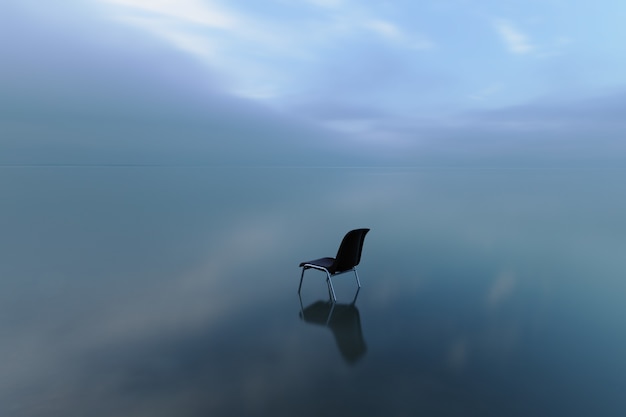폭풍우 치는 날에 물 표면에 반영하는 단일 의자