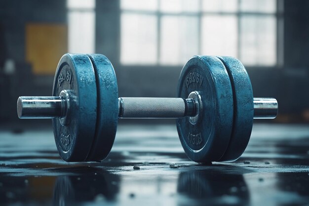 a single dumbbell rests on a wet floor in a gym