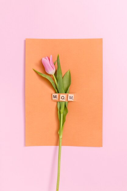 Single pink tulip flower; orange card with wooden mom text block on colored background