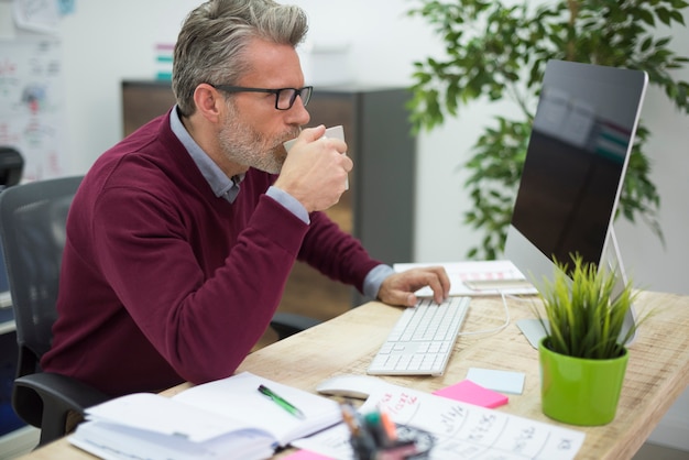 Sip of hot coffee helps at work