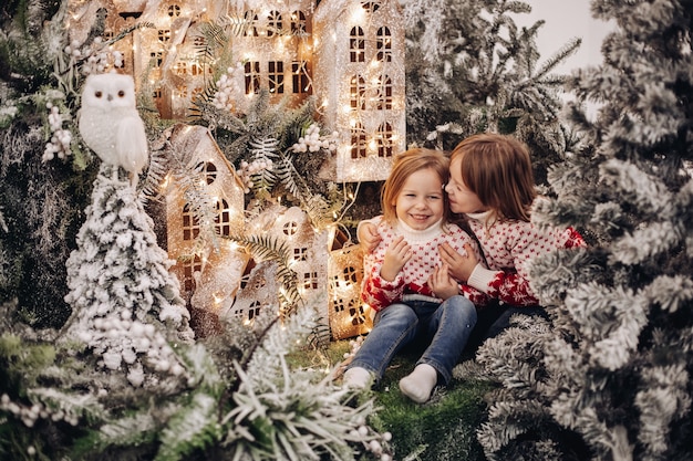 Sisters poses for the camera in a beautiful christmas decoration with a lot of trees undder a snow on background