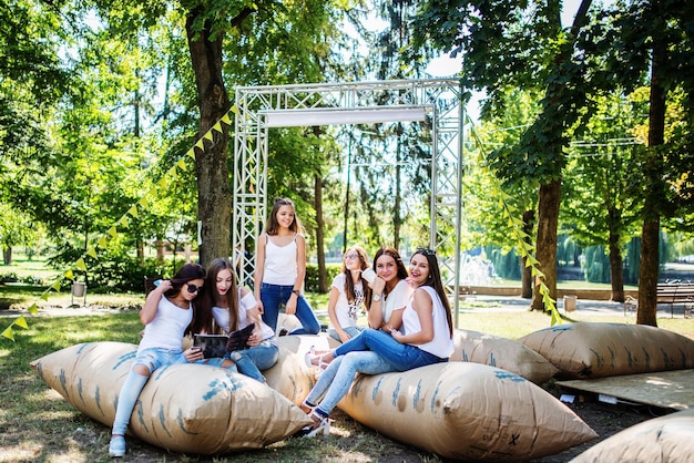 無料写真 公園で巨大な枕を楽しんでいる6人の若い幸せな女の子