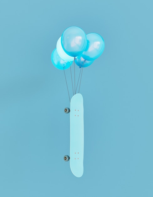 skateboard attached to balloons