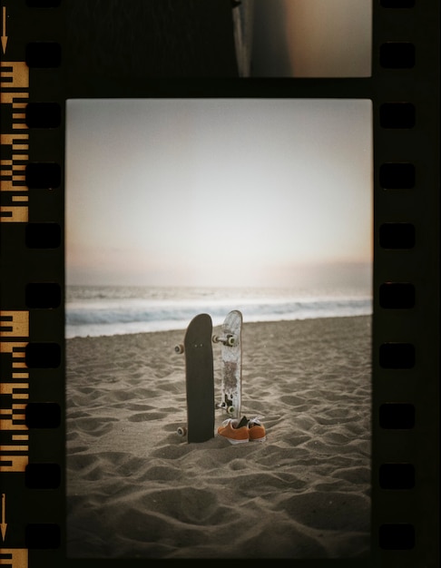 Skateboards at the beach in a film strip