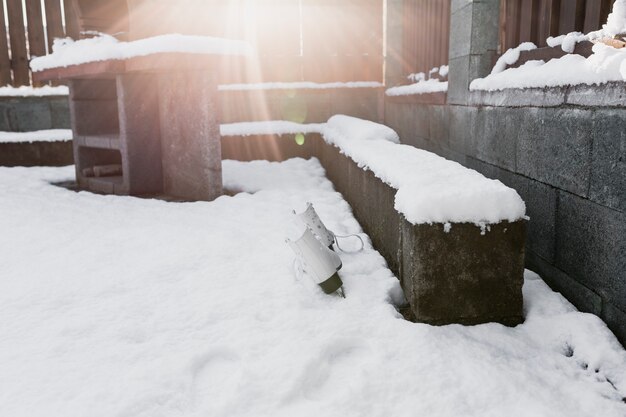 Skates at bench in winter day